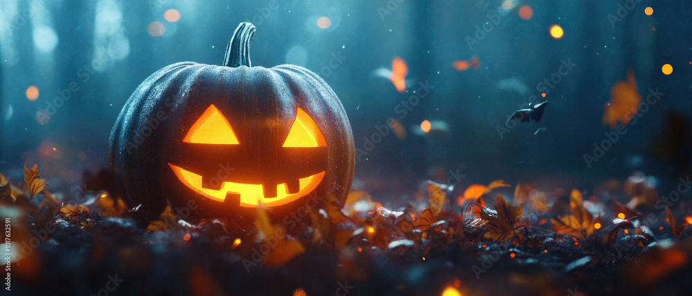 Fototapeta premium A pumpkin with a smiley face on it is sitting on a pile of leaves. The leaves are orange and scattered around the pumpkin. Scene is festive and playful, as the pumpkin is decorated with a smiley face