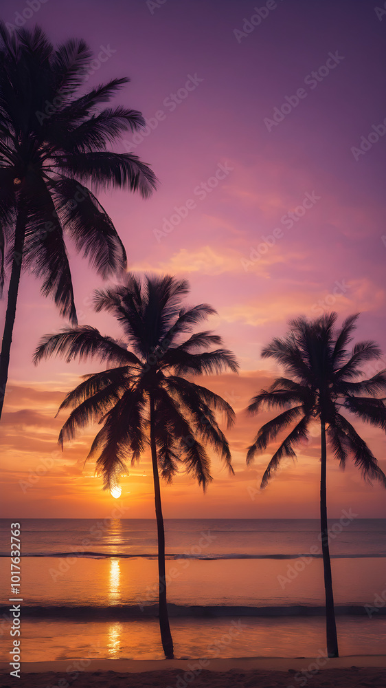 A peaceful tropical sky at dusk, with the sun setting behind a row of palm trees and the sky turning shades of purple and gold
