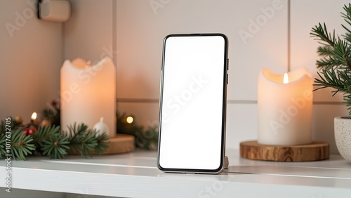 Digital phone mock up with Christmas decorations for app presentation with empty space for you design. Christmas online shopping concept. Tablet with copy space on light rustic background.