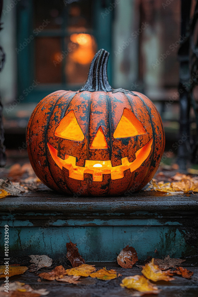 Obraz premium A pumpkin with a smiley face on it is sitting on a ledge. The pumpkin is orange and has a light inside of it. Scene is cheerful and festive, as it is a representation of Halloween