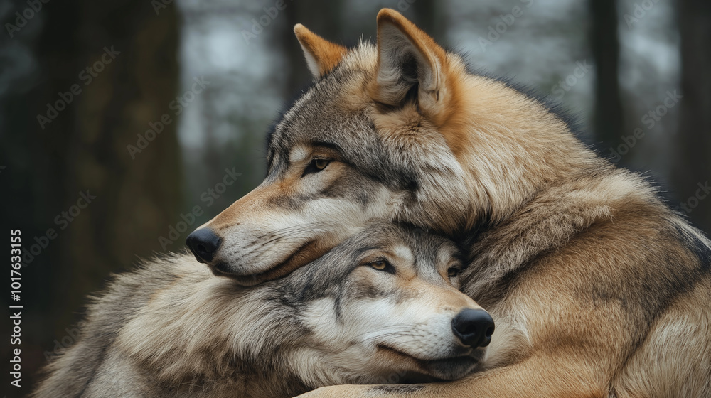 Fototapeta premium A pair of wolves resting, one draping its head over the other’s back, showing comfort and closeness