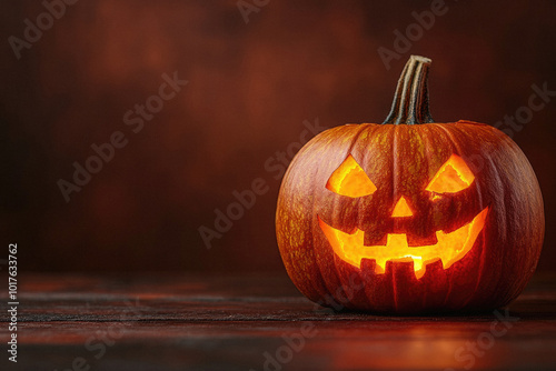 A pumpkin with a scary face is lit up and placed on a wooden table. The pumpkin's face is illuminated, creating a spooky and eerie atmosphere