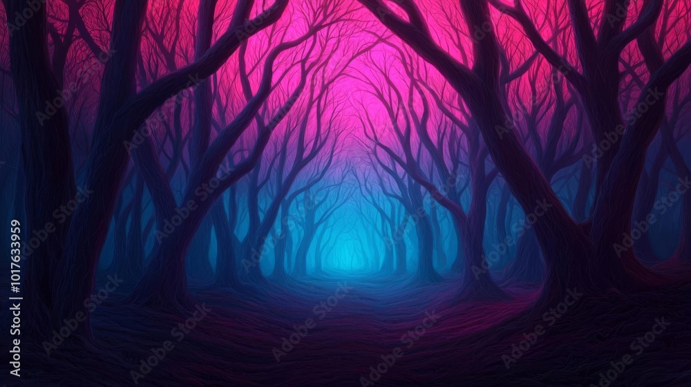 Obraz premium Mystical forest with vibrant pink and blue hues, creating an enchanting atmosphere.