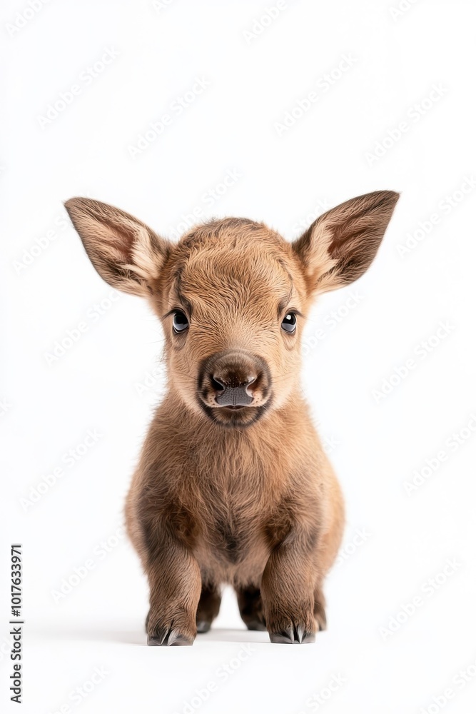 A baby moose, isolate on white background, with soft fur and a cute expression. A baby moose, isolate on white background, with soft fur and a cute expression.