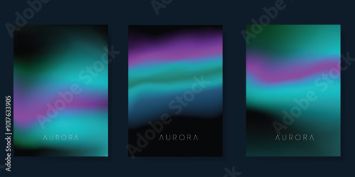 Modern gradient poster aurora design vector set. Minimalist cover template with vibrant northern light collection. Ideal design for background, social media, cover, banner, flyer, ads.