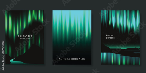 Modern gradient poster aurora design vector set. Minimalist cover template with vibrant northern light, mountain collection. Ideal design for background, social media, cover, banner, flyer, ads.