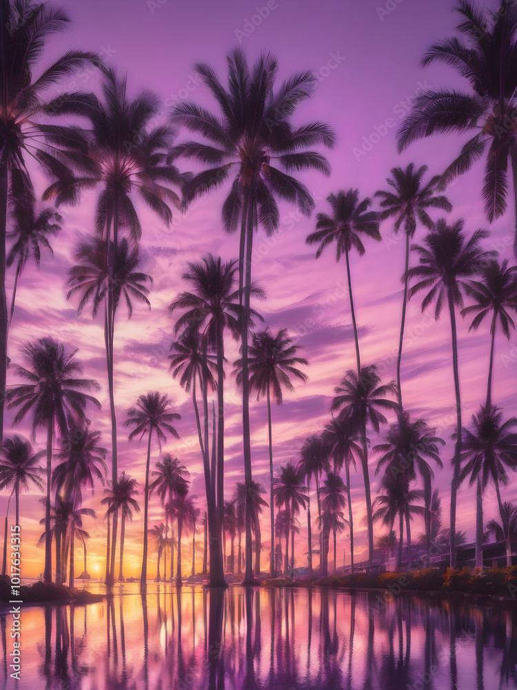A peaceful tropical sky at dusk, with the sun setting behind a row of palm trees and the sky turning shades of purple and gold
A peaceful tropical sky at dusk, with the sun setting behind a row of palm trees and the sky turning shades of purple and gold