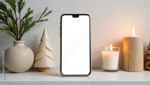Digital phone mock up with Christmas decorations for app presentation with empty space for you design. Christmas online shopping concept. Tablet with copy space on light rustic background.