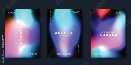 Modern gradient poster aurora design vector set. Minimalist cover template with vibrant northern light collection. Ideal design for background, social media, cover, banner, flyer, ads.