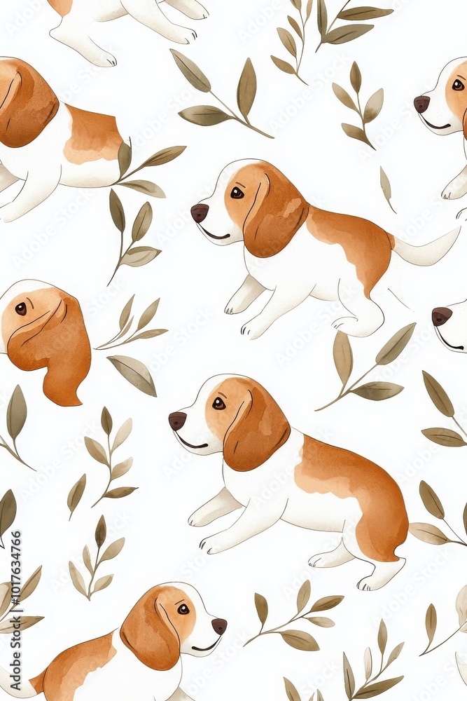 A watercolor seamless pattern of Beagles, isolate on white background, with soft colors and delicate brushstrokes.