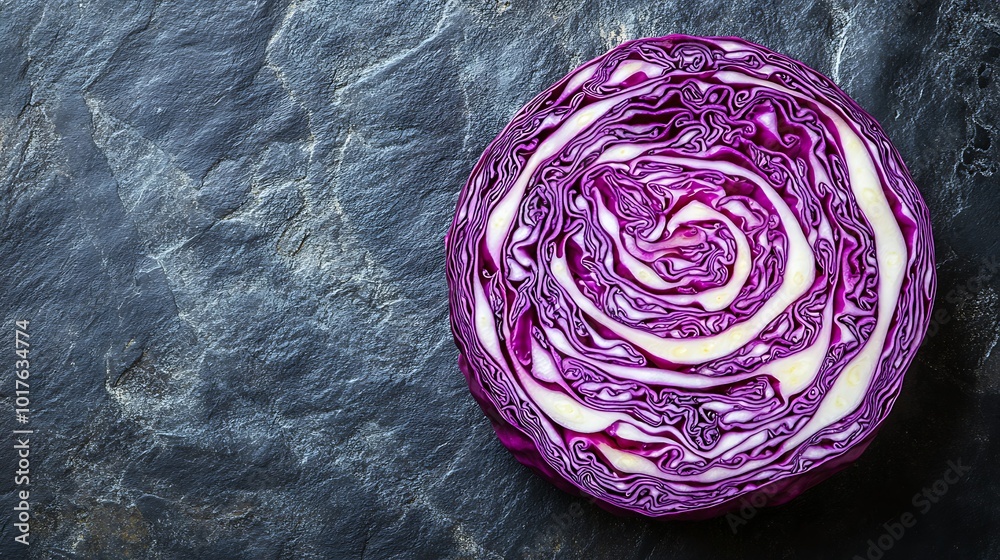 Fototapeta premium Sliced purple cabbage on a dark stone surface.