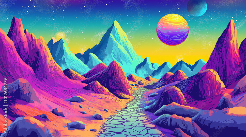 Fototapeta premium Colorful cosmic landscape with vibrant mountains and distant planets at twilight