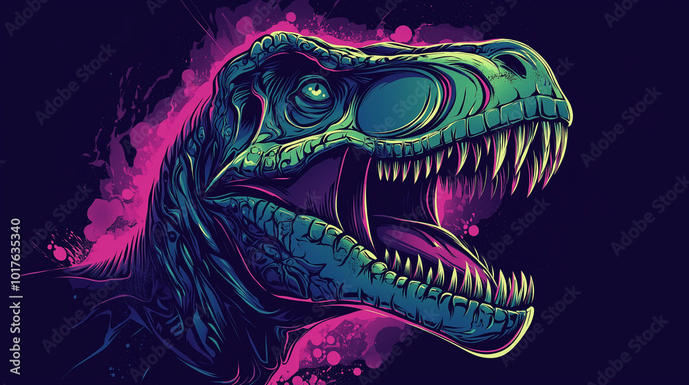 A vibrant, artistic depiction of a T-Rex head roaring against a dark background with colorful splashes, showcasing creativity and imagination A vibrant, artistic depiction of a T-Rex head roaring against a dark background with colorful splashes, showcasing creativity and imagination