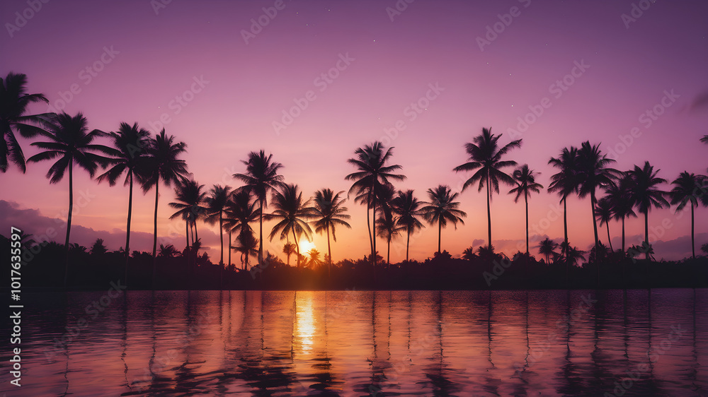 Obraz premium A peaceful tropical sky at dusk, with the sun setting behind a row of palm trees and the sky turning shades of purple and gold 