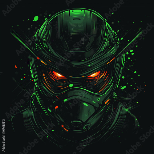 Vibrant digital artwork of a mysterious warrior with glowing eyes in a dark backdrop photo