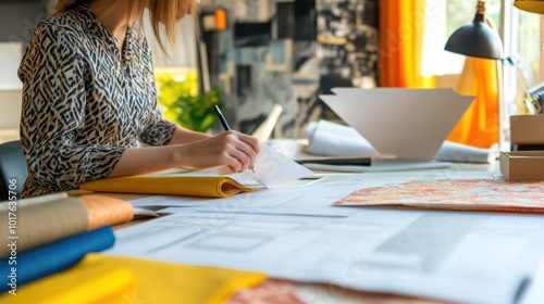 Wallpaper Mural A small business interior design studio with designers working on a new project, sample fabrics and plans on the table, modern decor Torontodigital.ca