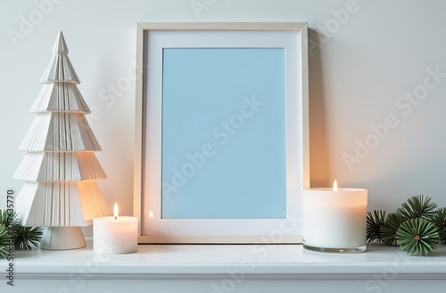 gentle blue photogram with white background stands on white wooden shelf, minimalist elegant christmas decoration, candles, beautiful christmas toys