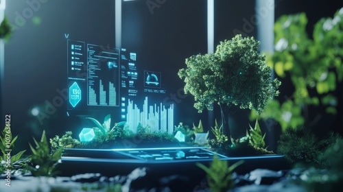 A futuristic scene blending technology with nature, showcasing a holographic interface among lush greenery.