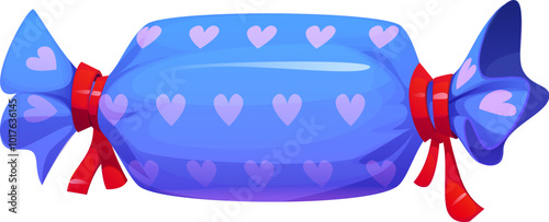 Candy-shaped gift package with bright blue wrapping adorned with pink hearts and tied with red ribbons on both ends. Isolated vector present for Valentine Day, birthday, Christmas holiday celebrations