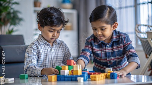 Cute Indian Kids Playing with Colorful Plastic Toys or Blocks Against a Background 