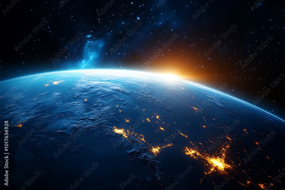 Fototapeta premium Earth from space at sunrise with vibrant colors.