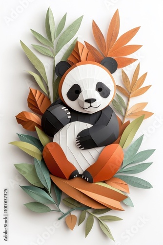 A multicolored paper art depiction of a panda, isolate on white background, highlighting creativity and playfulness.