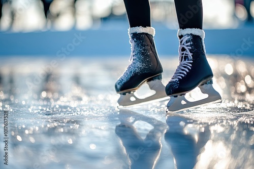 Ice Skating Boots on a Frozen Lake with Reflections photo