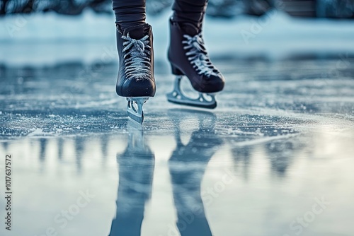 Closeup of Ice Skates on a Frozen Lake with a Reflection