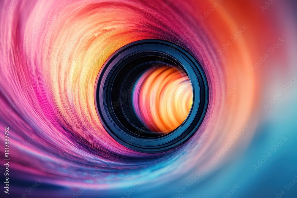 Fototapeta premium Digital photography with a camera lens on a colorful abstract background, photo manipulation for advertising design and creative work 