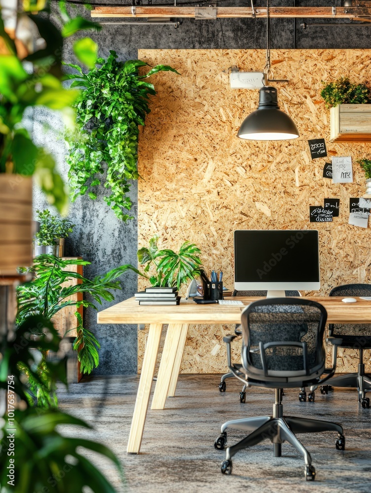 Fototapeta premium Modern office space with plants, a desk, and a computer, promoting productivity and comfort.