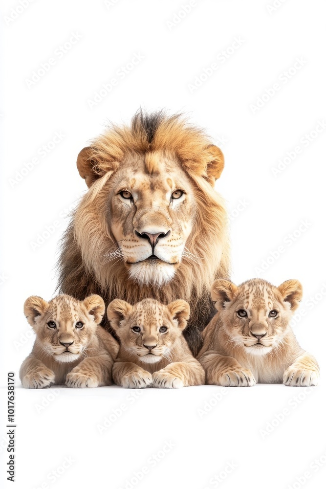 A family of lions, isolate on white background, demonstrating togetherness and strength in unity. A family of lions, isolate on white background, demonstrating togetherness and strength in unity.