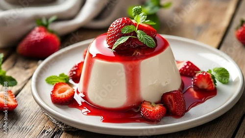 Creamy white panna cotta dessert topped with fresh strawberries and mint leaves.