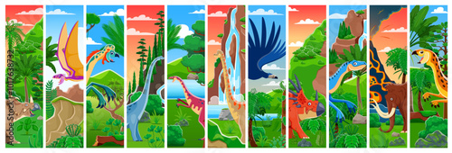 Prehistoric dinosaurs collage. Cartoon vector vertical panels with dino species amid tropical landscapes with lush flora, evokes adventure and fascination with ancient life, showcasing dinosaur era