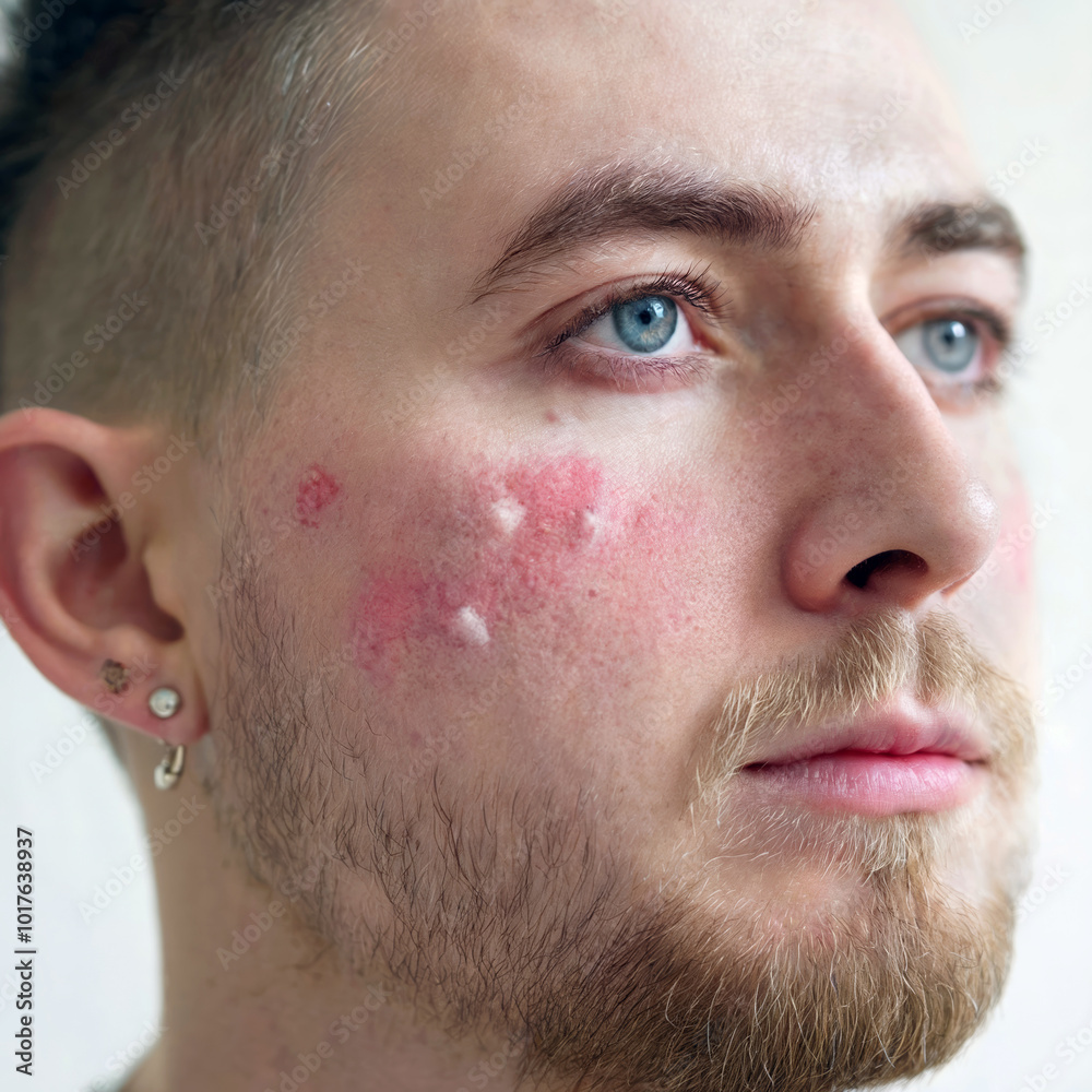 Obraz premium Rosacea & Skin Conditions : Men's Faces, Treatment. Close-up of Couperose, Vascular Stars, Capillaries, Freckles, Back Rashes. Dermatology Insights