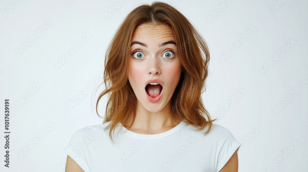 A woman with brown hair and red eyes is making a surprised face. She is wearing a white shirt and has her mouth open A woman with brown hair and red eyes is making a surprised face. She is wearing a white shirt and has her mouth open