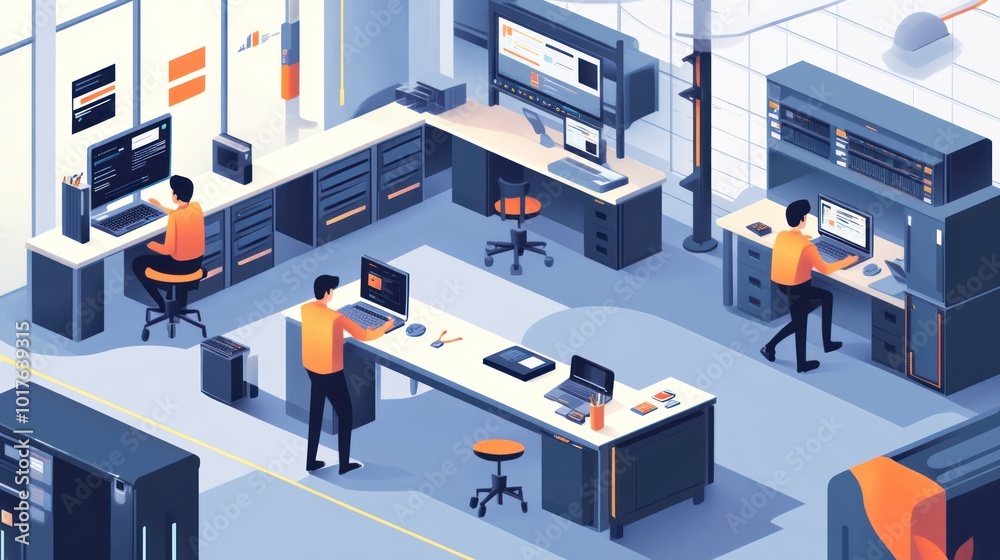 A small business tech repair shop with technicians fixing phones and laptops, modern interior with clean and organized workstations A small business tech repair shop with technicians fixing phones and laptops, modern interior with clean and organized workstations