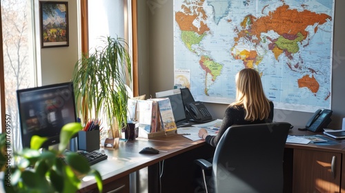 Wallpaper Mural A small business travel agency with a consultant assisting clients with vacation plans, modern office with world maps and travel brochures Torontodigital.ca