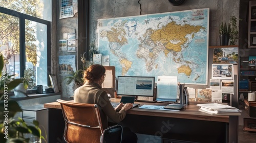 A small business travel agency with a consultant assisting clients with vacation plans, modern office with world maps and travel brochures