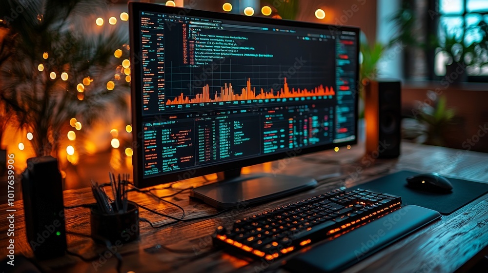 A modern workspace featuring a high-tech monitor displaying data analytics and coding. A modern workspace featuring a high-tech monitor displaying data analytics and coding.