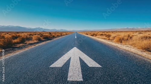 A straight asphalt road stretching into the horizon with a bold, white arrow painted in the center, symbolizing direction and ambition