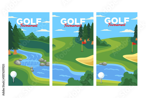 golf course with ball, hole, flag, river and sand trap vertical oriental background vector illustration collection for golf club sport and tournament banner, poster, flyer, wallpaper and any media