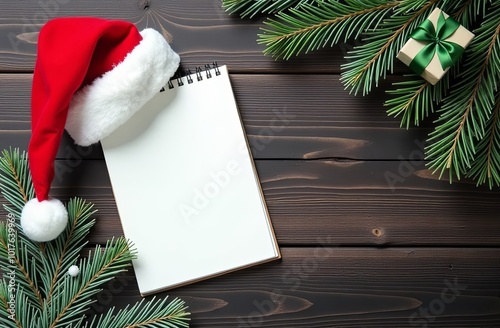 Notepad mock up with Christmas decorations with empty space for you design. Christmas mockup. Notepad with copy space on dark wooden background.
