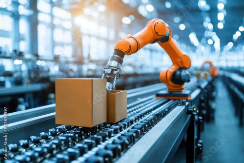 Wallpaper Mural A robotic arm operates on an assembly line, handling packages in a modern industrial setting. Torontodigital.ca