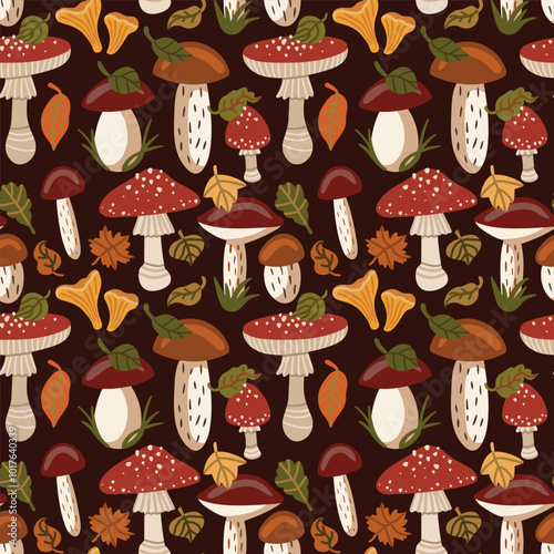 Vector seamless pattern with edible mush and autumn leaves. Autumn time. Autumn forest. Hand drawn illustration. The print is used for Wallpaper, fabric, textile.