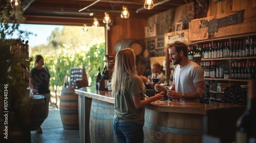 A small business winery with a sommelier explaining wine to customers, rustic yet elegant tasting room, vineyard in the background