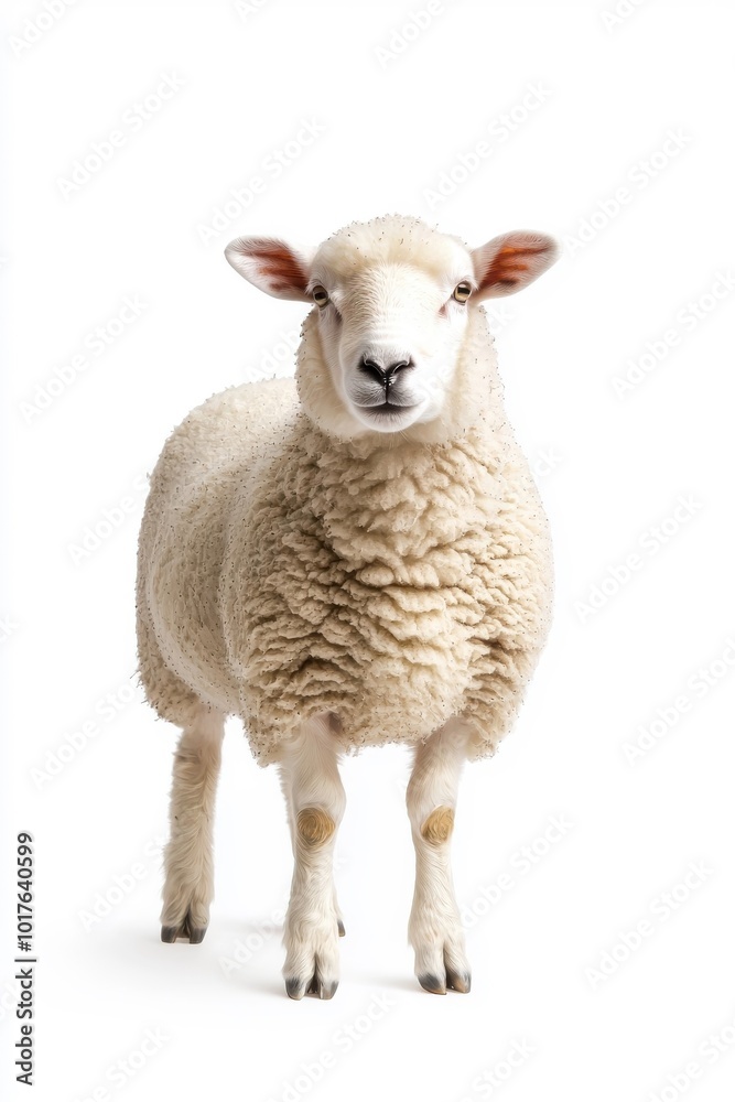 A sheep standing on all fours, isolate on white background, showcasing its woolly texture and features. A sheep standing on all fours, isolate on white background, showcasing its woolly texture and features.