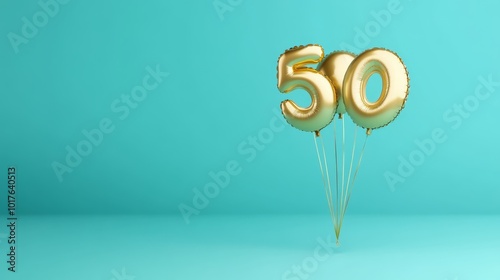 Golden balloons displaying the number 50 float against a calming turquoise backdrop, highlighting a festive celebration or milestone. photo