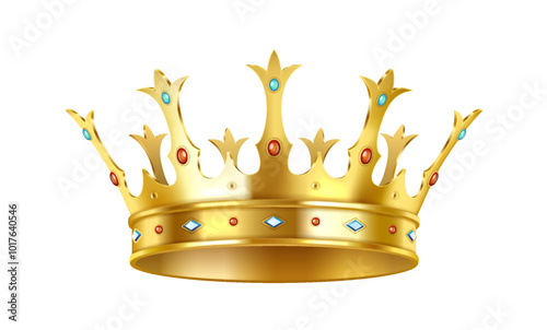 Regal golden crown with gemstones realistic vector illustration. Shining royal jewelry symbolizing authority 3d object on white background