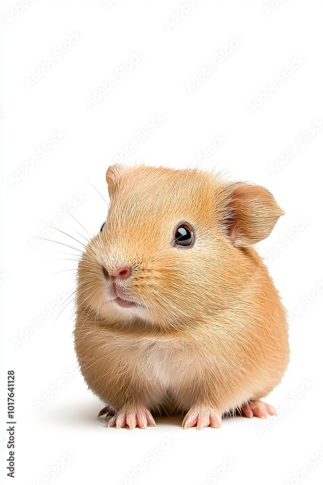 A baby guinea pig, isolate on white background, with fluffy fur and a curious expression.
