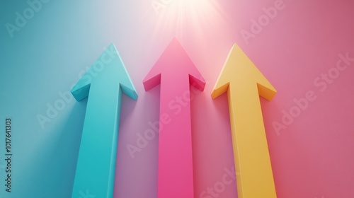 Three colorful arrows pointing upwards on a pastel background, symbolizing growth, success, and progress.